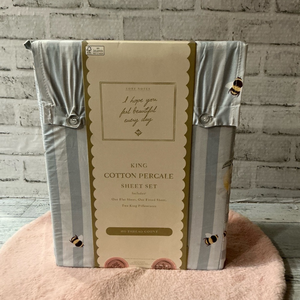 AVEC TOI 4Pc King Size Cotton Percale Bees And Stripes Sheet Set